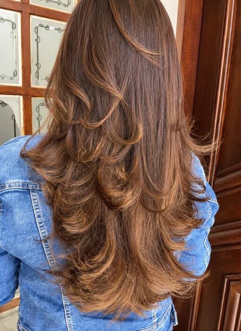 Cabelo castanho longo com brilho e movimento